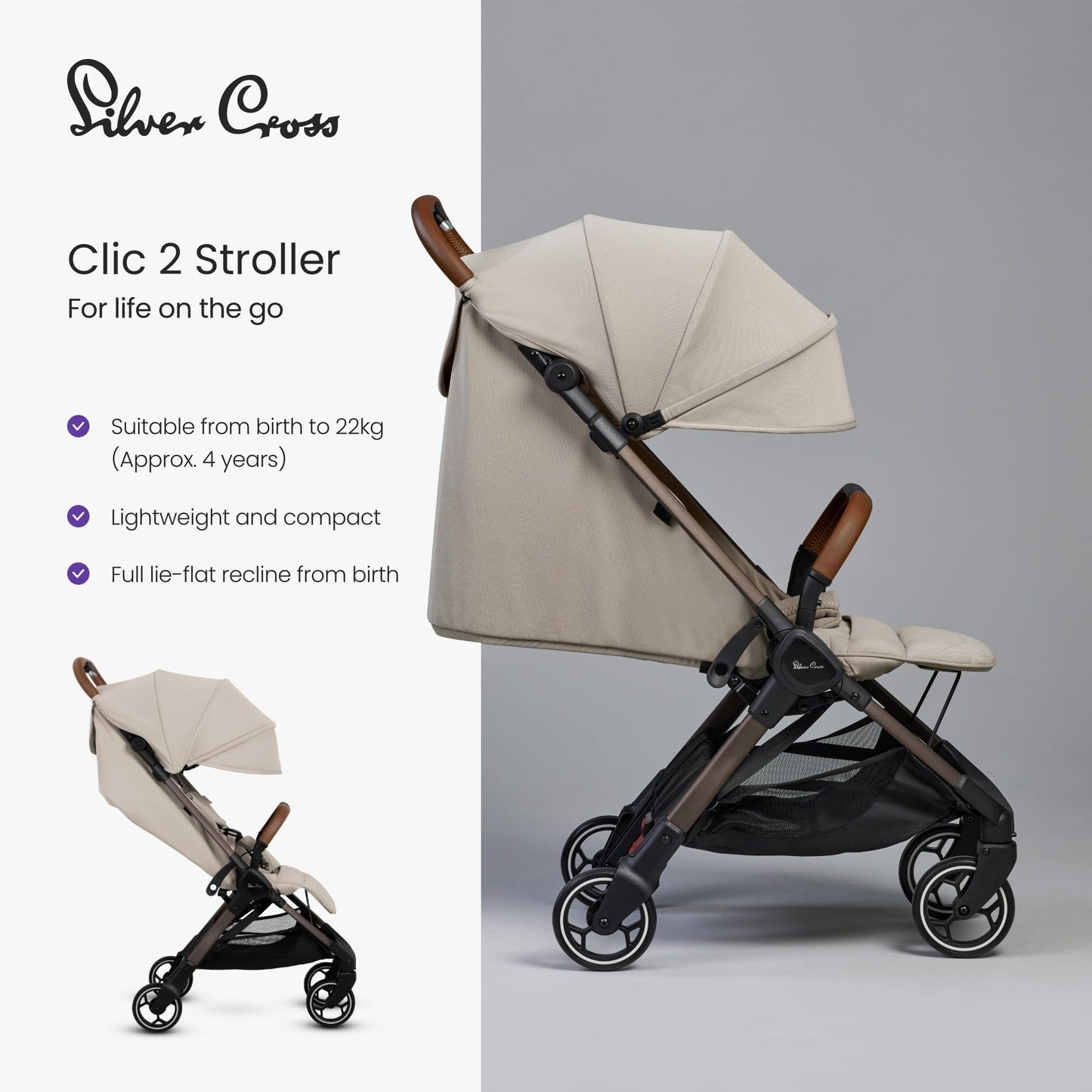Silver Cross Clic 2 Stroller & Travel Bag, Latte